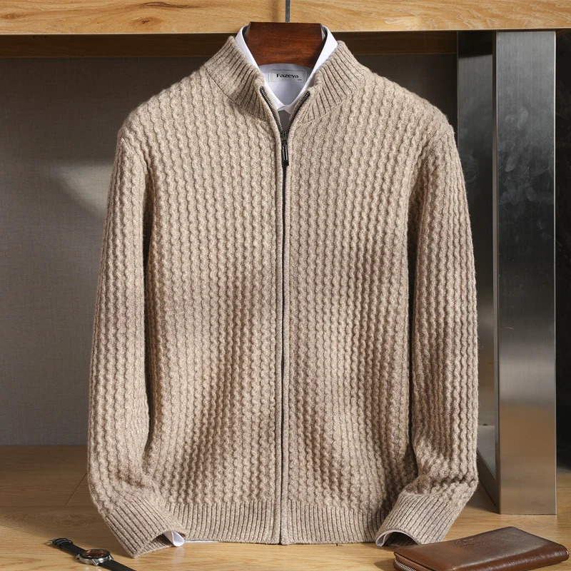 Mens Zipper Mock Collar Thickening Cardigan 100 Merino Wool Flower Yarn Sweater Cashmere Knitwear Autumn Winter Coat Tops 251016BJ