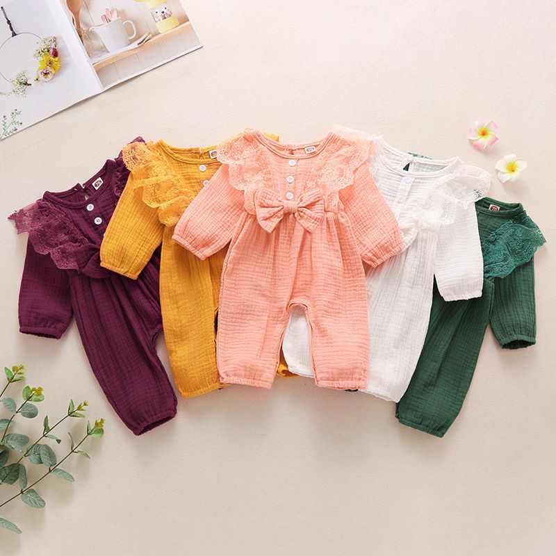 w541 Kids clothes girls boys lace sleeve Bow romper newborn infant Cotton linen Solid color Jumpsuits Spring Autumn baby Climbing clothes-image-1080530937