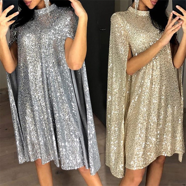(538) Robe d'été à paillettes, petit col montant, nouveau style, vêtements amples pour femmes