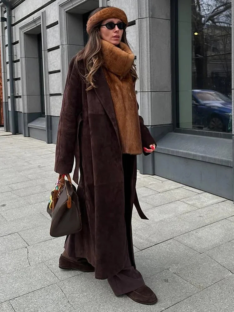 Brown Lace Up Woolen Coat Off Women Chic Solid Lapel Long Sleeve Loose Jacket Lady Autumn Daily Commute Street Outwears 251015