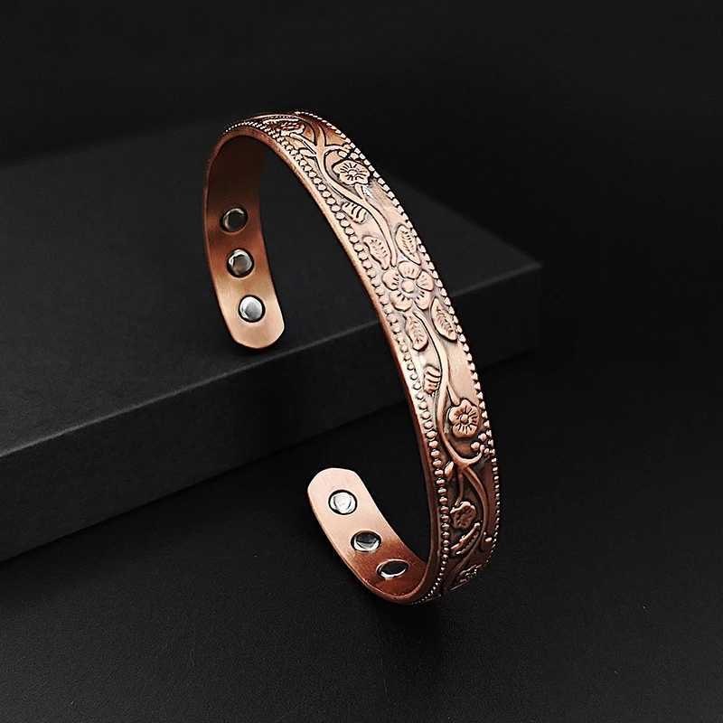 Bracelet magnétique en cuivre pur pour femmes, Vintage, fleur, manchette d'énergie, bijoux réglables, cadeau xj251018