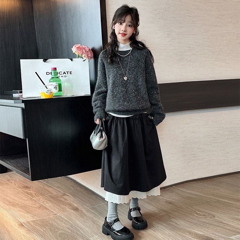 D475 Girls&#039; autumn and winter Korean style casual sweater suits for older girls, fashionable and stylish knitted sweaters, children&#039;s a-image-1080531827