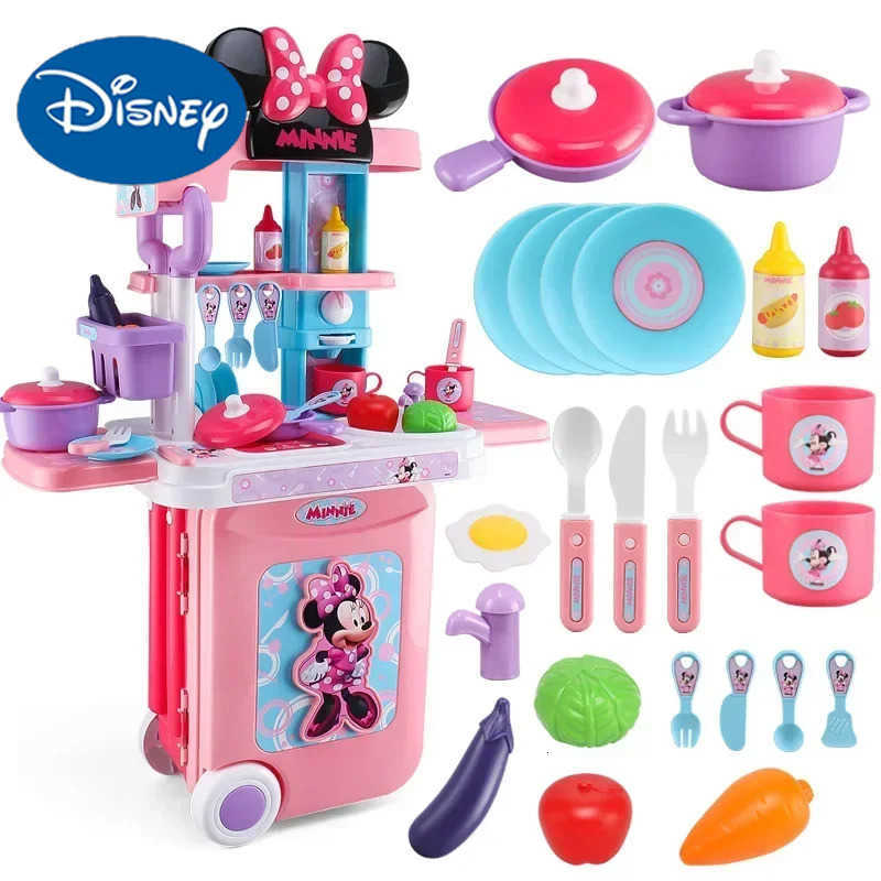 Disney 3 in1 Minnie mouse trolley case kitchen set light kitchen tableware Cooking toy kids Simulated Chef play house toys girl gift H251018-image-1080474884