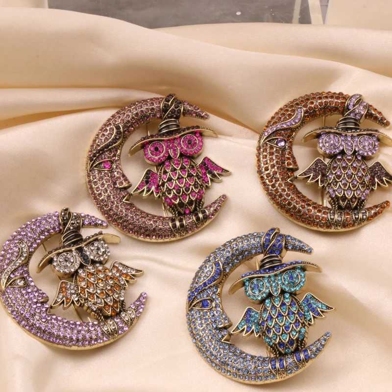 Fl Crystal Wen Men Fashion Exquisite Owl Moon Brooch Badges Luxury Vintage Design Aniaml Rhinestone Pines AccoriesW251018-image-1080522024