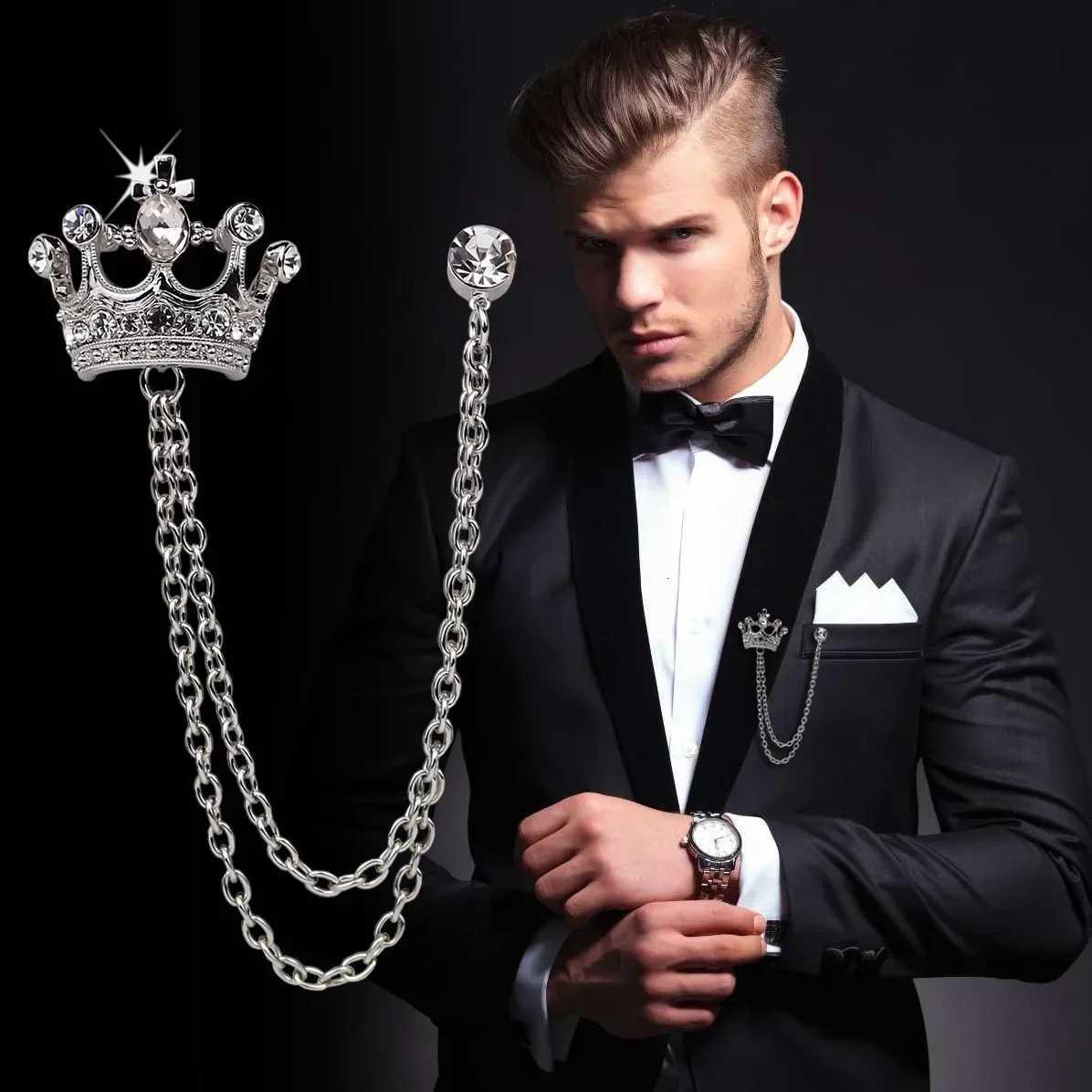Retro Mens Tassel Brooch Vintage British Crystal Crown Pin for Suit Collar HighEnd Corsage Badge AccoriesW251018-image-1080522240