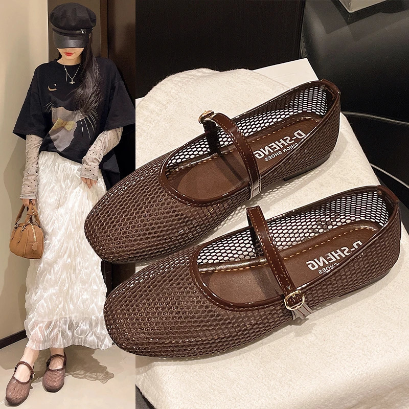Womens Flat Shoes Spring Round Head Shallow Mouth Mesh Cloth Breathable Word with Antislip Wearresistant Single Shoes 251017