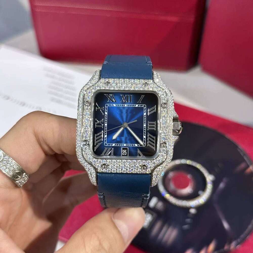 Customized Square Men's Hip Hop Stainless Steel Analog Mechanical Watch with Moissanite Dia Fashionable Leather Belt