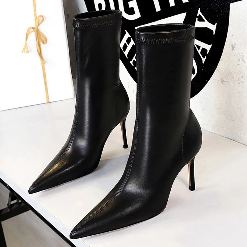 BIGTREE chaussures femmes mi-mollet bottes bout pointu bottes à talons aiguilles talons aiguilles bottes en cuir mode automne hiver bottes 251015