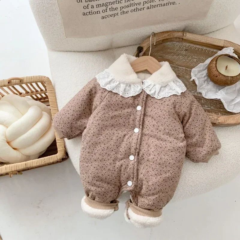w551 Korean Baby Cotton Jumpsuit Thickened Hooded Romper Plush Warm Autumn Winter born Clothes Floral Princess Bodysuit Ropa Bebe-image-1080625511