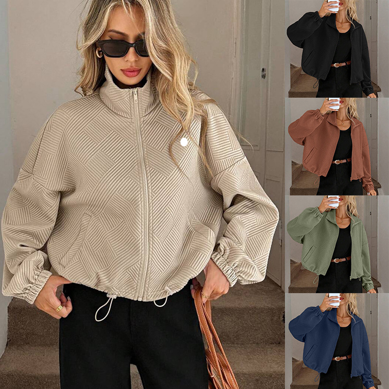 women yoga Stand-up collar Autumn and winter high neck zipper hem drawstring pocket women's loose baseball jacket coat.