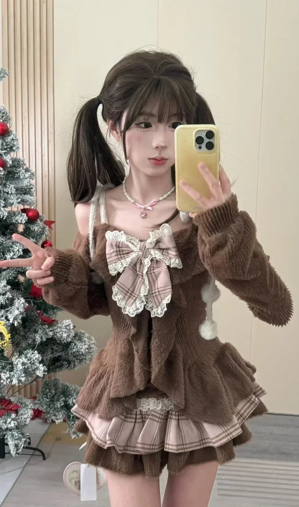 Japanese Sweet Lolita 2 Piece Sets Women Retro Off Shoulder Bow Blouse Tops Plaid Cake Mini Skirt Girls Kawaii Y2k Slim Outfits 251020