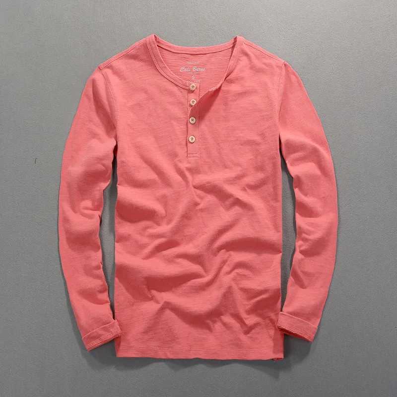 Spring Fashion Mens Long Sleeve Cotton TShirt Solid Color Vintage Button Neck Casual Thin Tops Tees Comfortable TshirtXJ251020