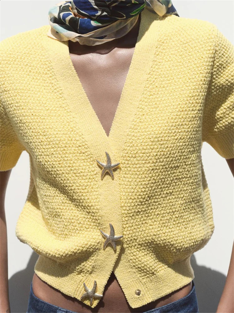 CHRONSTYLE Women Knitted Cardigans Solid Color Short Sleeve Front Starfish Buttons Down Loose Sweaters Tops for Summer Fall 251015