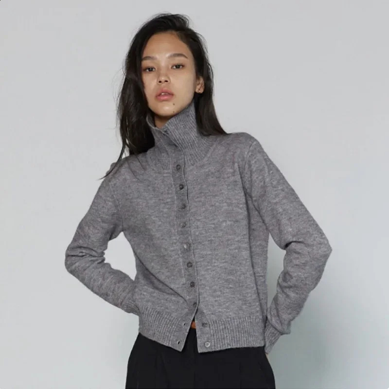 Korean Dongdaemun Style Versatile High Collar Slim Fit Long Sleeve Knitted Open Cardigan Top for Women Single Button 251015