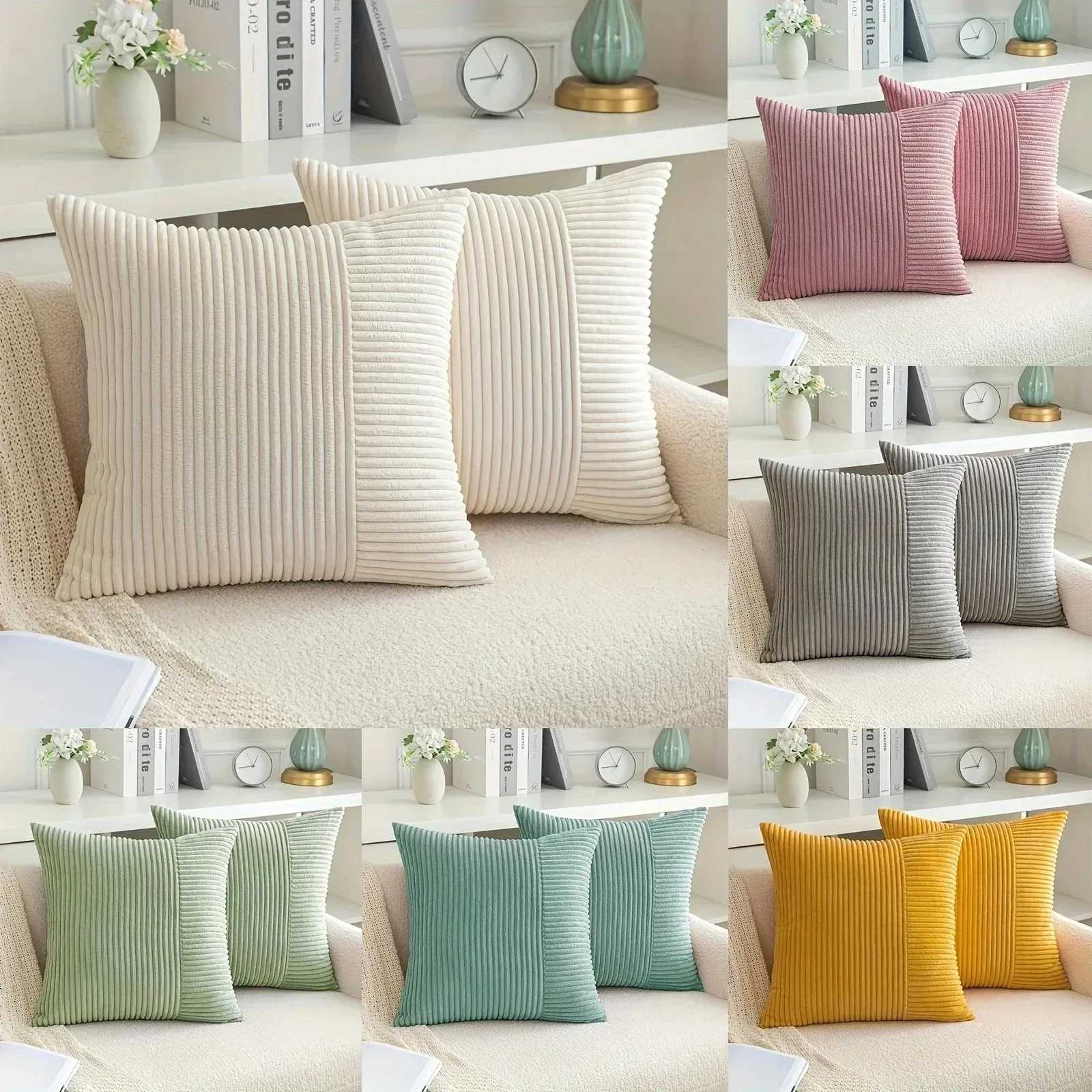 Beige Striped Patchwork Corduroy Throw Cover 18x18 Soft Plush Couch Cushion Cover for Sofa Cozy Modern case H251021-image-1080927053