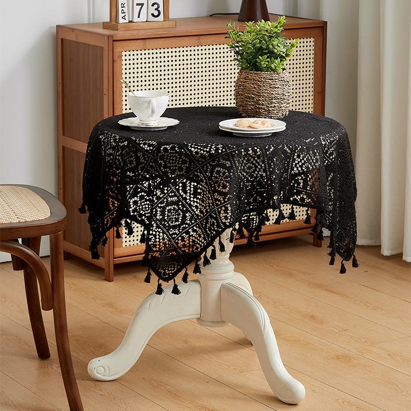 Black retro-style knitted rectangular tablecloth, decorative table mat, non-slip and dustproof. BN6K01-image-1083089755
