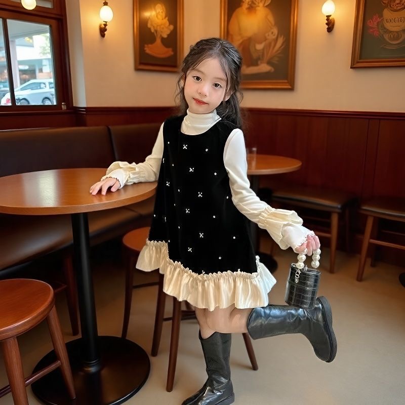D494 Girls Velvet Dress Autumn and Winter 2025 New Children Baby Group Western Style Vest Dress Girl Princess Dress-image-1080974722