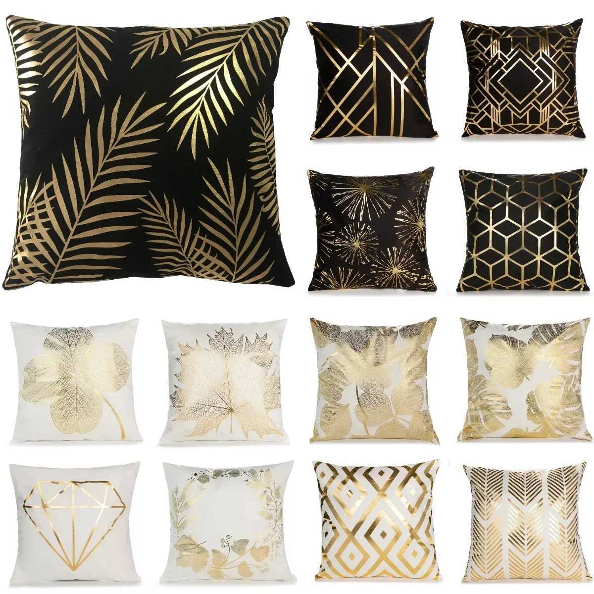 Modern Geometric Gold Bronzing Plants Leaves Cushion Cover Super Quty Polyester Cover Decorative for Sofa Chair H251021-image-1080927685