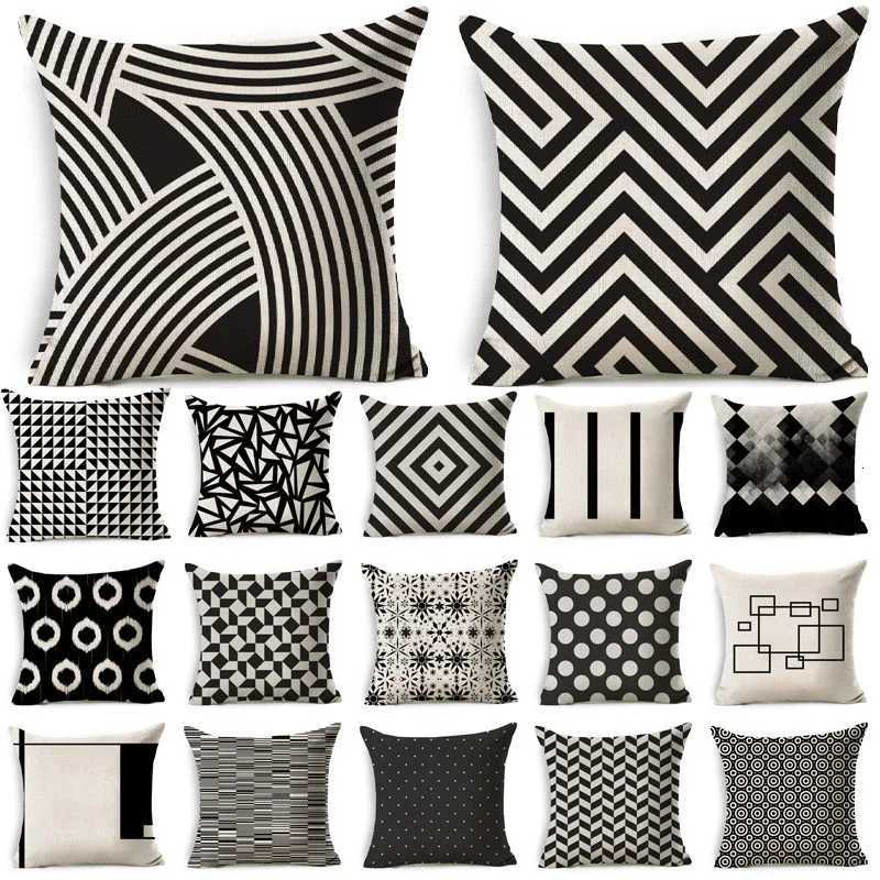 Black and white geometric pattern fabric linen cotton throw waterproof oilcloth car sofa bed decorative case H251021-image-1080926940