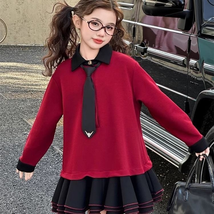 D496 Girls dress dress spring and autumn 2025 new style POLO girl college puffy skirt early autumn long sleeve-image-1080815991