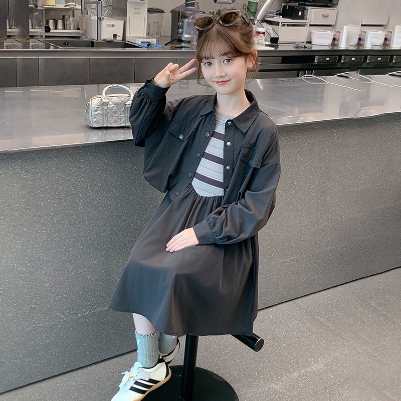 D600 New autumn collection of girls&#039; dresses, stylish Korean-style striped patchwork skirt and jacket two-piece set.-image-1082828645