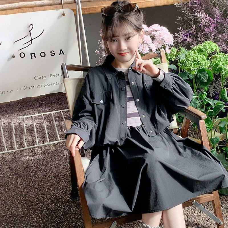 D484 Girls&#039; dress autumn new arrival girls&#039; stylish Korean style striped patchwork skirt jacket two-piece children&#039;s skirt-image-1080800837