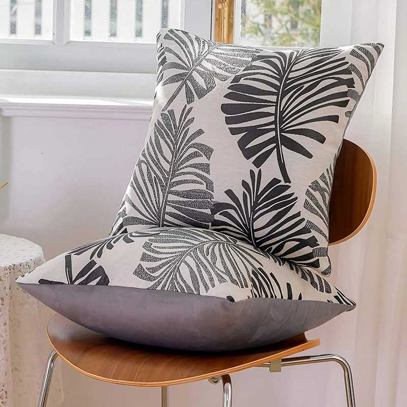 45x45cm case Grey Leaf Lumbar Cushion Cover Decorative Jacquard Couch Covers Farmhouse Boho Rustic Cover H251021-image-1080928190