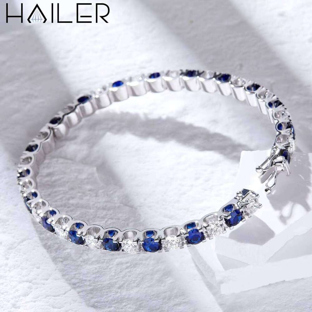 Fine Jewelry 4MM Lab Grown Blue Sapphire Bracelet Sier White Moissanite Bracelets Bangles