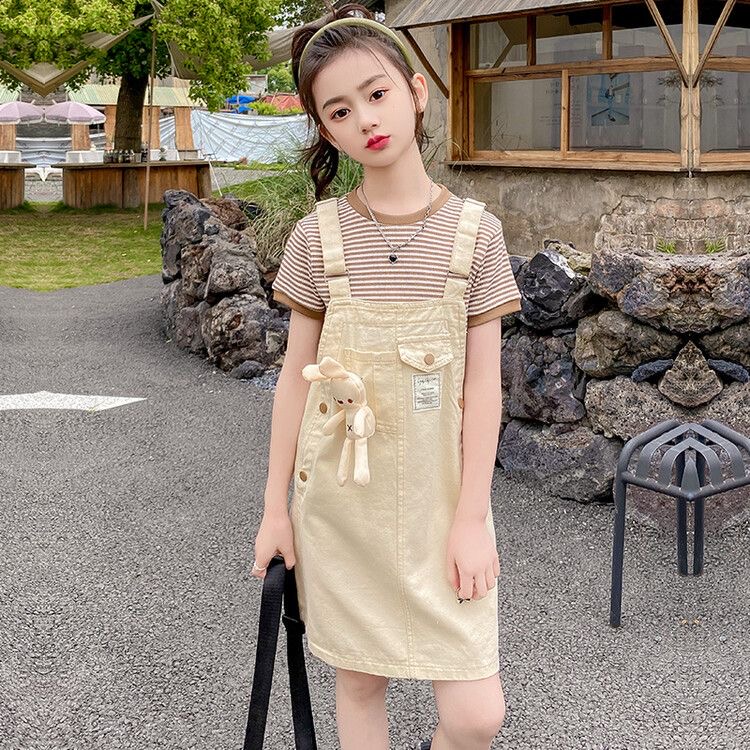 D483 Girls summer overalls skirt suit 2024 new style fashionable and stylish children&#039;s summer striped short-sleeved skirt-image-1080800588