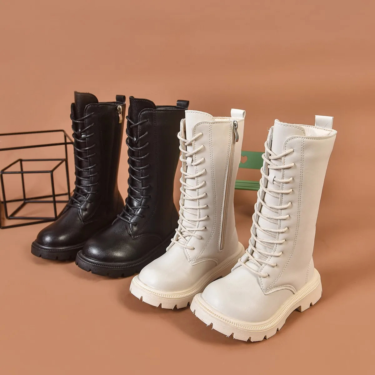 Winter Girls Long Boots Black Biege Chunky Flexiable Children Boot Kneehigh Trendy Zipper Pu Leather Comfy Kids Shoe 2636 251020