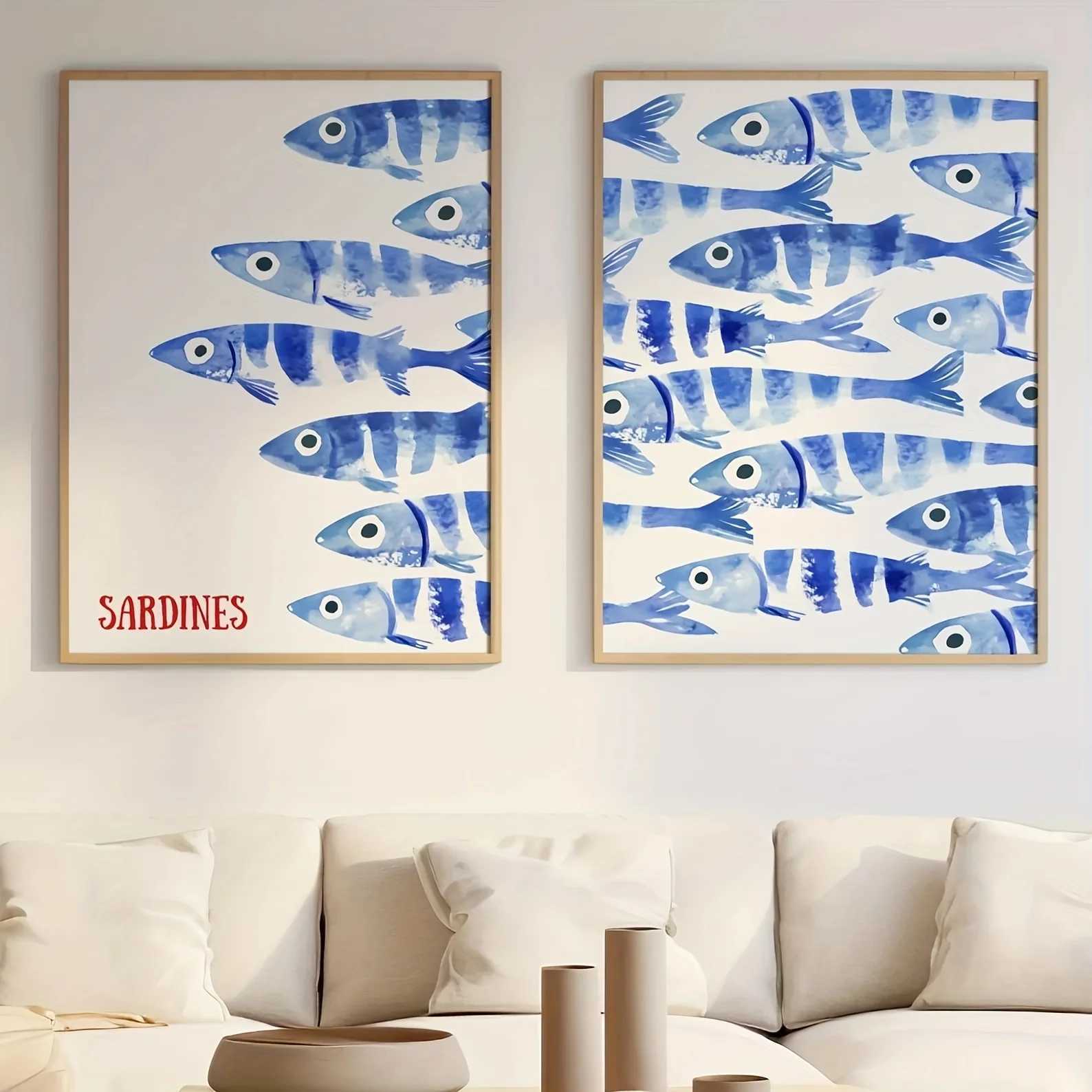 Retro Blue Sardine Canvas Poster Mediterranean Style Sardine Animal Wall Art Prints Ideal Gift for Modern Living Room Home Decor D251022-image-1081182395