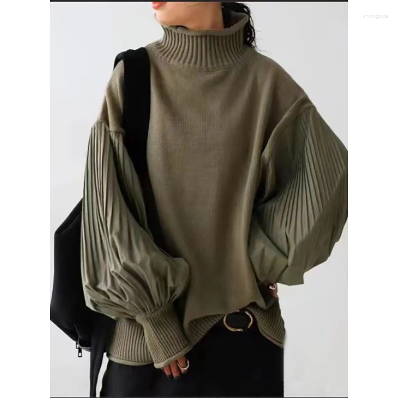 Women's Sweaters 2025 Winter Women Stylish Sweater Turtleneck Patchwork Casual Loose Pullover Lantern Sleeve Ladies'