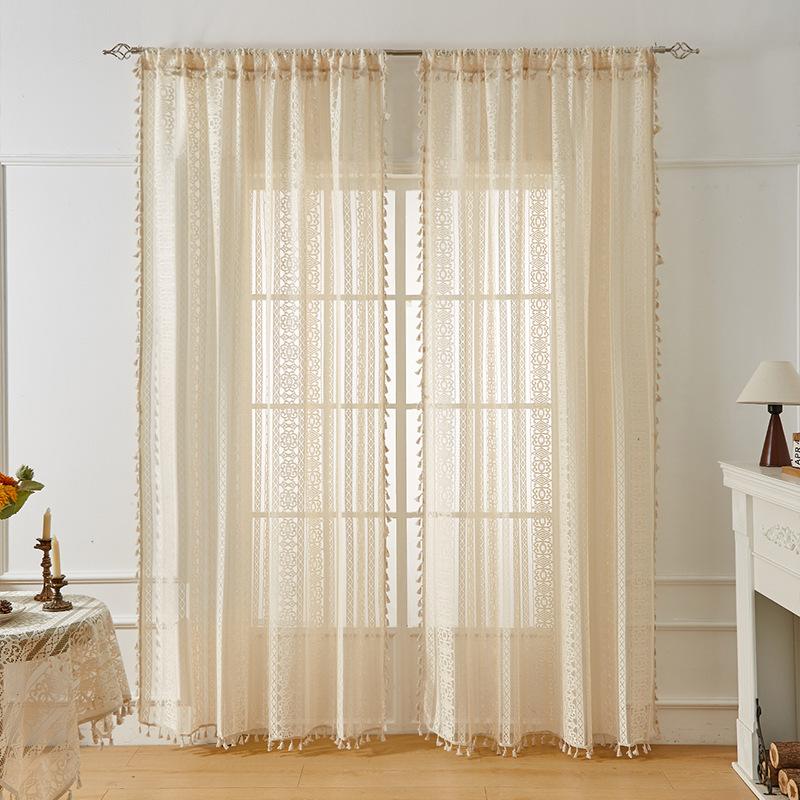 Retro rod cotton and linen curtain tassel beige crochet light-transmitting country living room balcony floating curtain F2R901