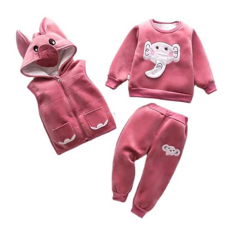 w564 Clothing Sets Baby Girls Clothing Set Autumn Winter Velvet Thick Warm Casual Hooded Sweater Cartoon Elephant 3Pcs Toddler Boys Clothes Suit-image-1081173938