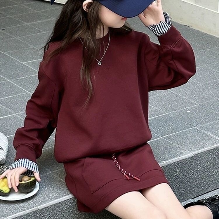 D499 Girls&#039; skirt suit 2025 spring and autumn new Korean style fashionable children&#039;s round neck sweatshirt skirt two-piece suit-image-1081183550