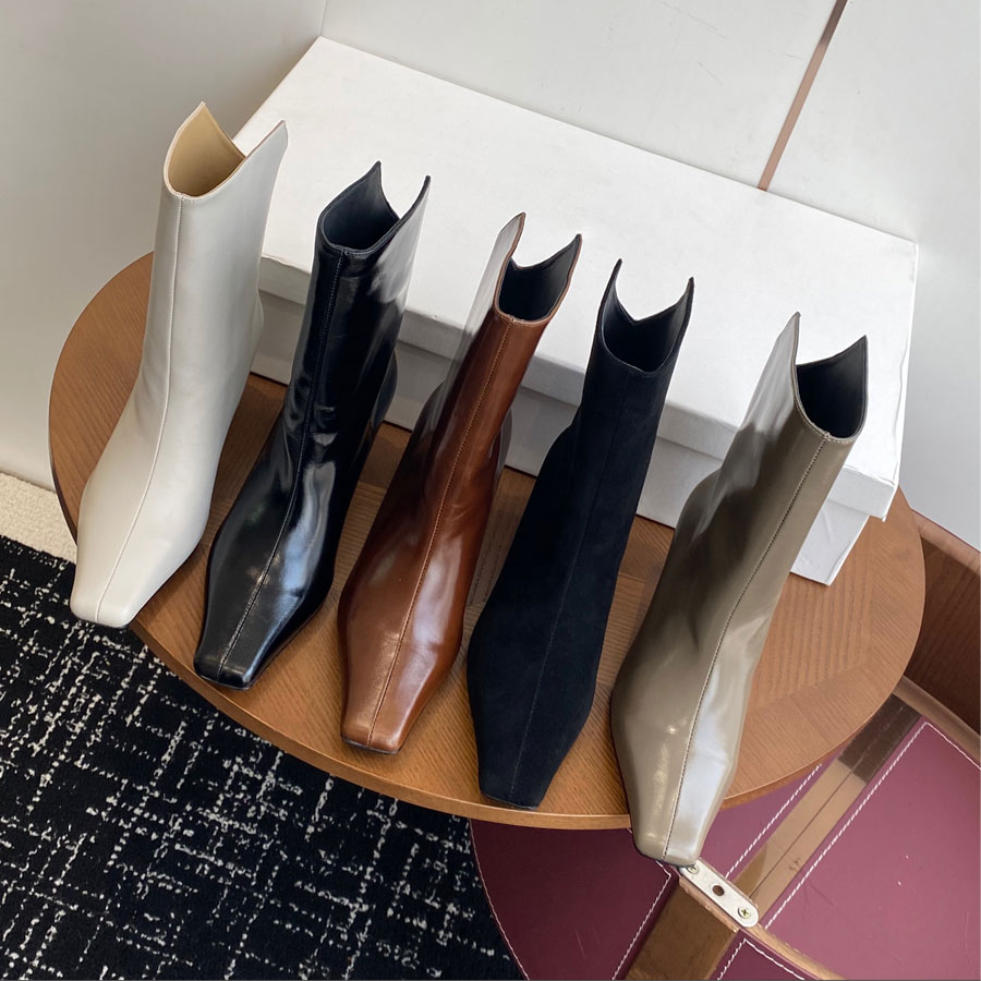 High quality Minimalism khaite Square toe real Leather Ankle boots fashion boots zipper Knight Boots womens High-heels Luxury designer boots for wom