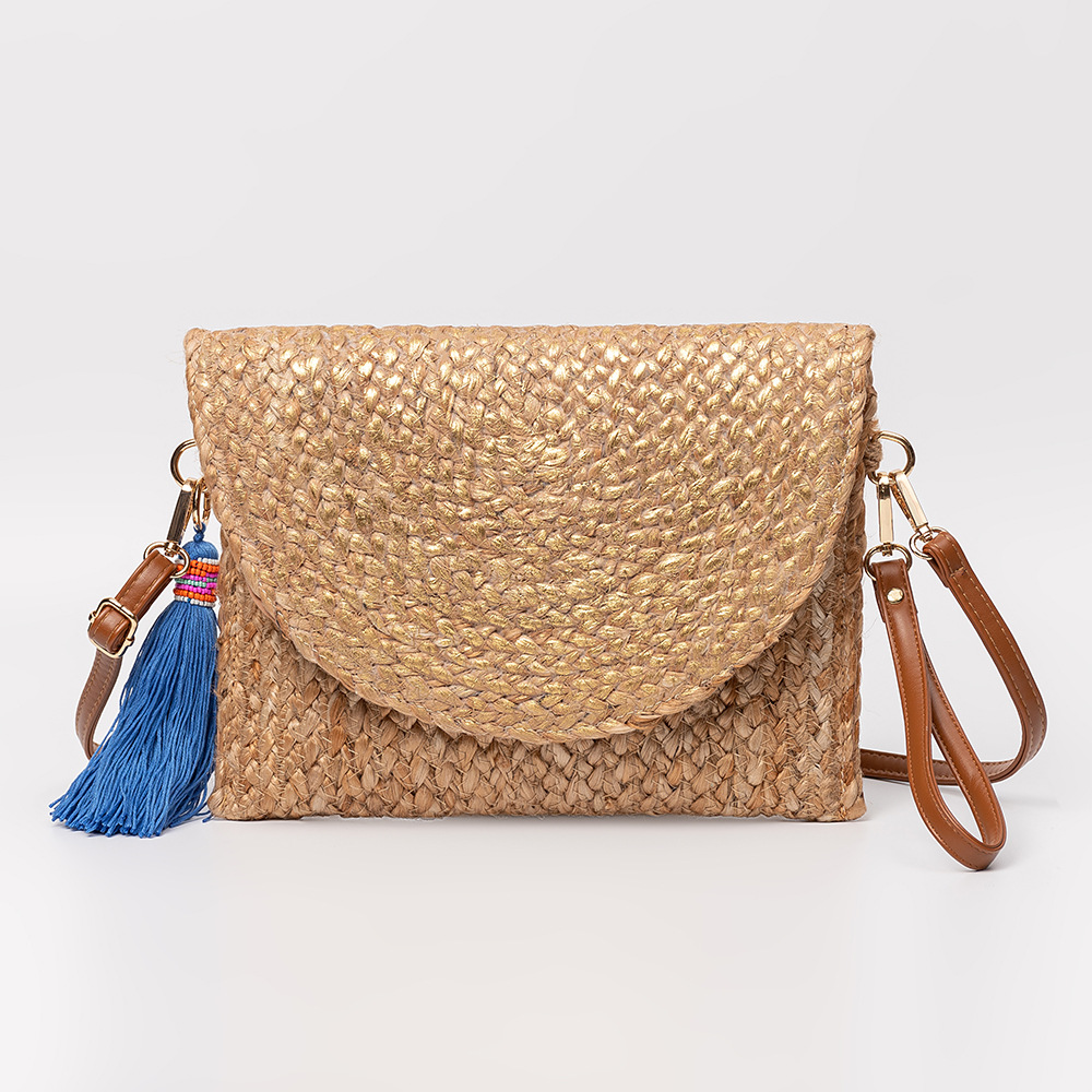 L72 Sac de plage en jute élégant pour elle : pochette à bandoulière décontractée à glands en un seul ton
