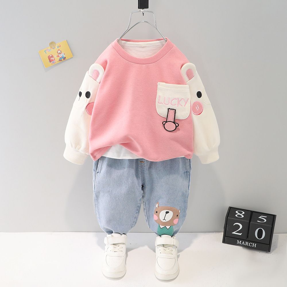 K582 Spring Autumn Children Girls 2PCS Clothing Set Embroidery Cartoon Cotton Sweatshirts Jeans Pants Baby Girls Clothes Suit-image-1081294680