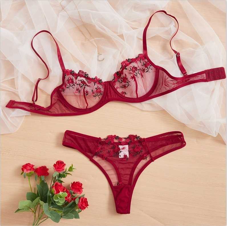Ensemble sexy Ensembles de soutiens-gorge Femme 2 pièces 2024 Ensemble de lingerie Sexy Sous-vêtements de broderie florale Dentelle transparente
