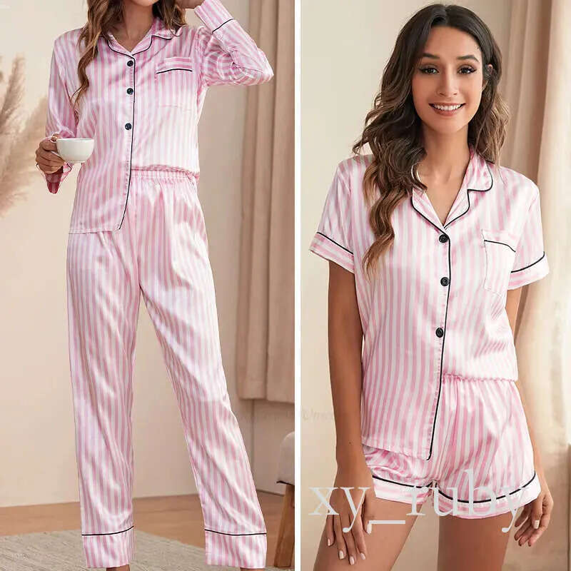 Womens Sleepwear Two Piece Set Pamas for Women Pink Striped Satin Silk Pyjamas Pjs Shorts Sets Summer Spring Loungewear Home Clothes 230828 Designer