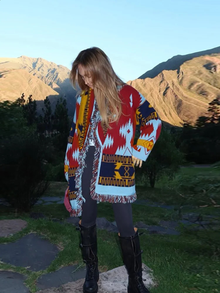 Womens Boho Print Knit Cardigan Top Fringe Trim Belted Long Sleeve Sweater Laceup Coat High Street Outerwear Outfit 251020