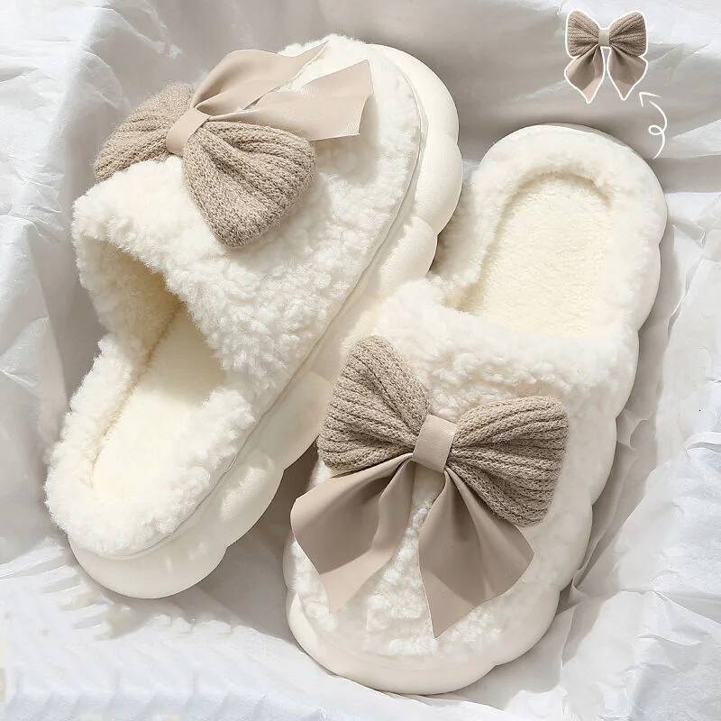 Pantoufles en coton pour femmes automne et hiver intérieur maison anti-dérapant en peluche chaussures à nœud décontractées chambre talons plats d