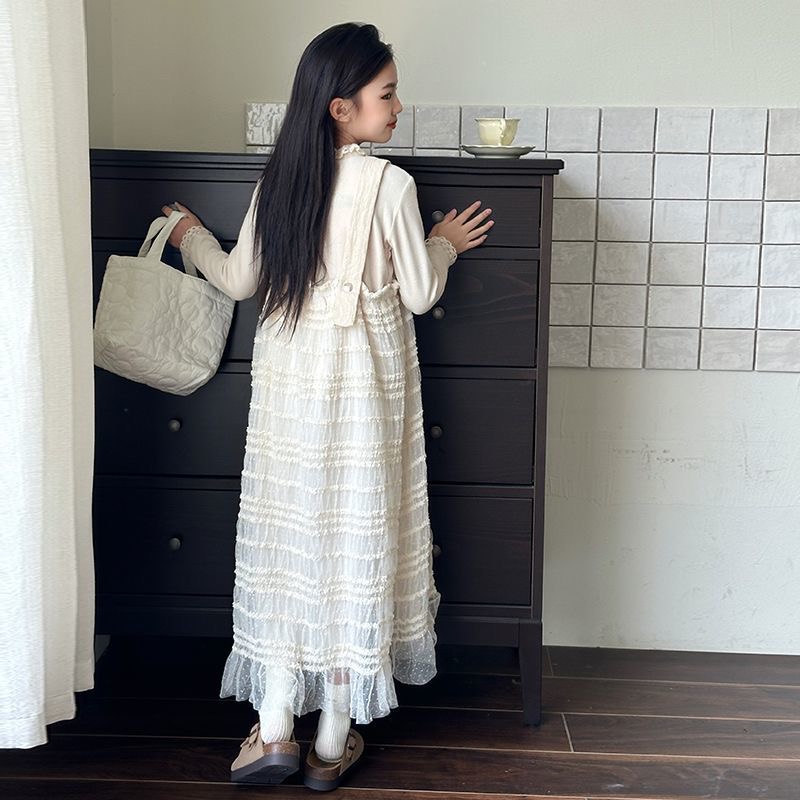 Girls Spring and Autumn Long-sleeved Bottoming Shirt Dress Set Middle and Large Children&#039;s Autumn Solid Color Suspender Skirt Two-piece Set-image-1081343737