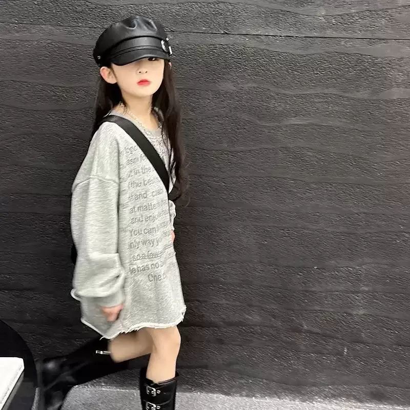 D515 Girls Loose Letter Long Sleeve Sweater Dress Spring and Autumn 2025 New Medium and Large Children Korean Style Raw Edge Skirt-image-1081382810
