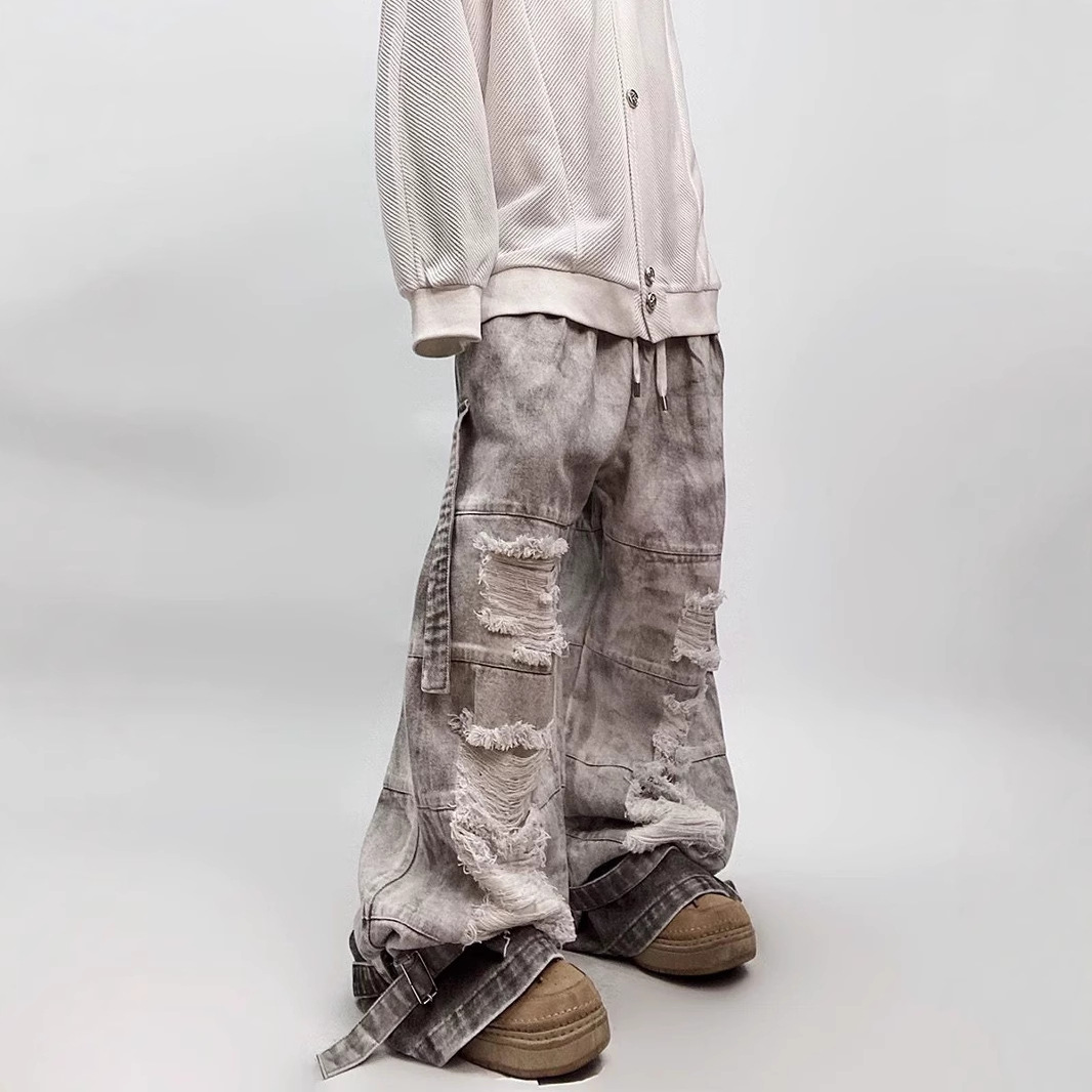 Hip hop punk mens clothing Y2k mens jeans Gothic retro ripped jeans black and white color matching loose straight jeans240806