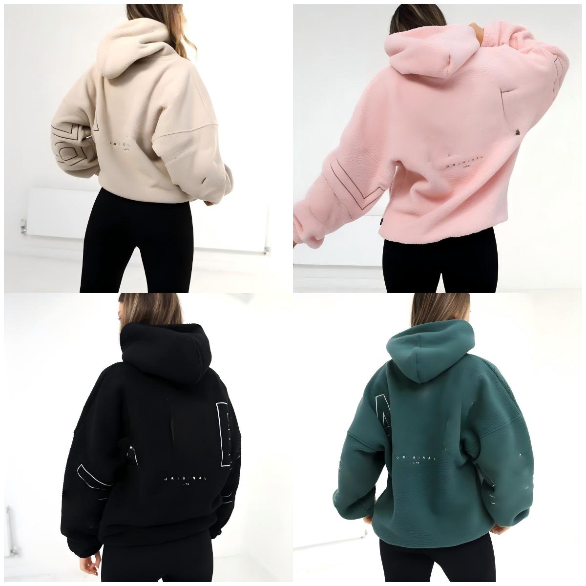 Sweat à capuche Sherpa brodé pour femme, pull en polaire épais avec design graphique