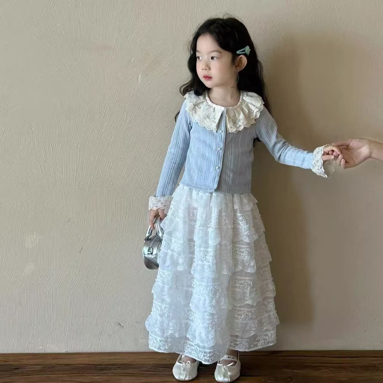 D512 Girls Spring Suit Skirt 2025 New Style Children&#039;s Cardigan Jacket Lace Long Skirt Two-piece Set Baby Spring-image-1081382138