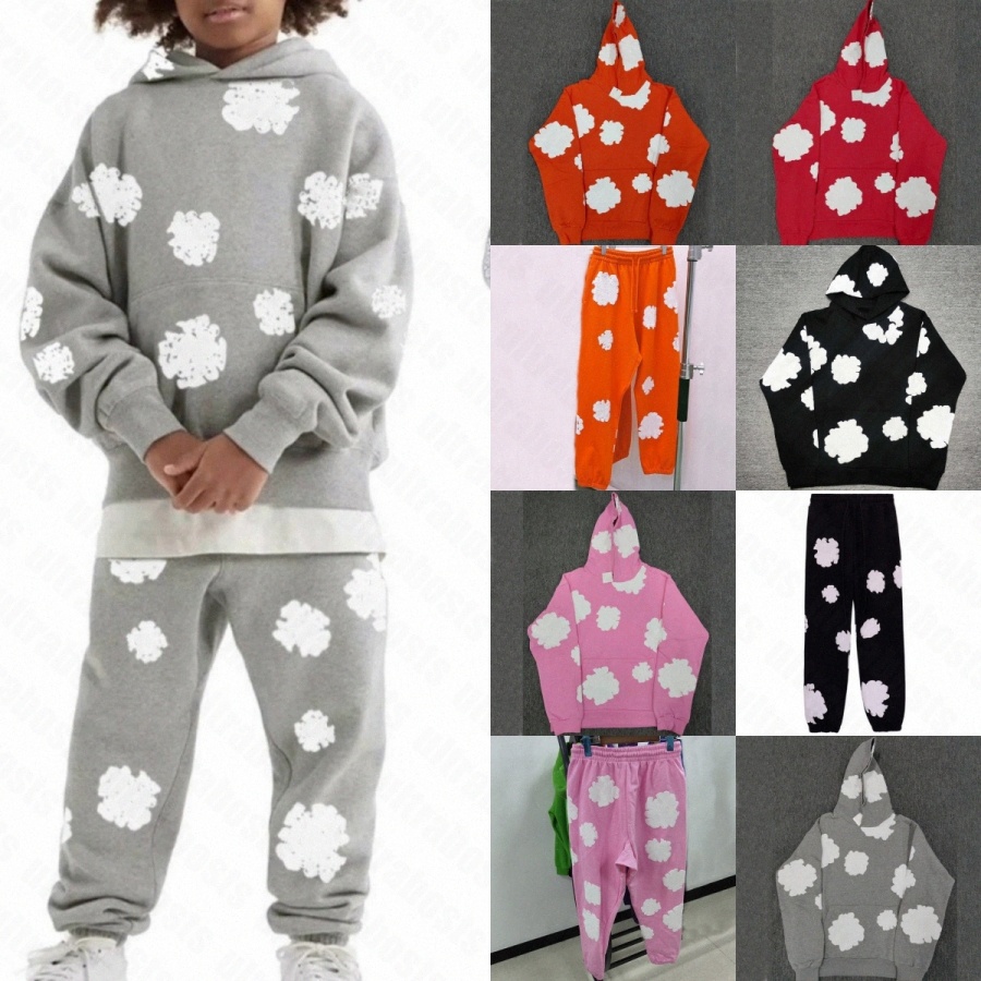 Kids Sweatshirts Pants Sets Boys Girls Clothes Hooded Flower Foam Print Toddlers Cotton Wreath Children Black White Youth Loose Tracksuits Long S-image-1081471286