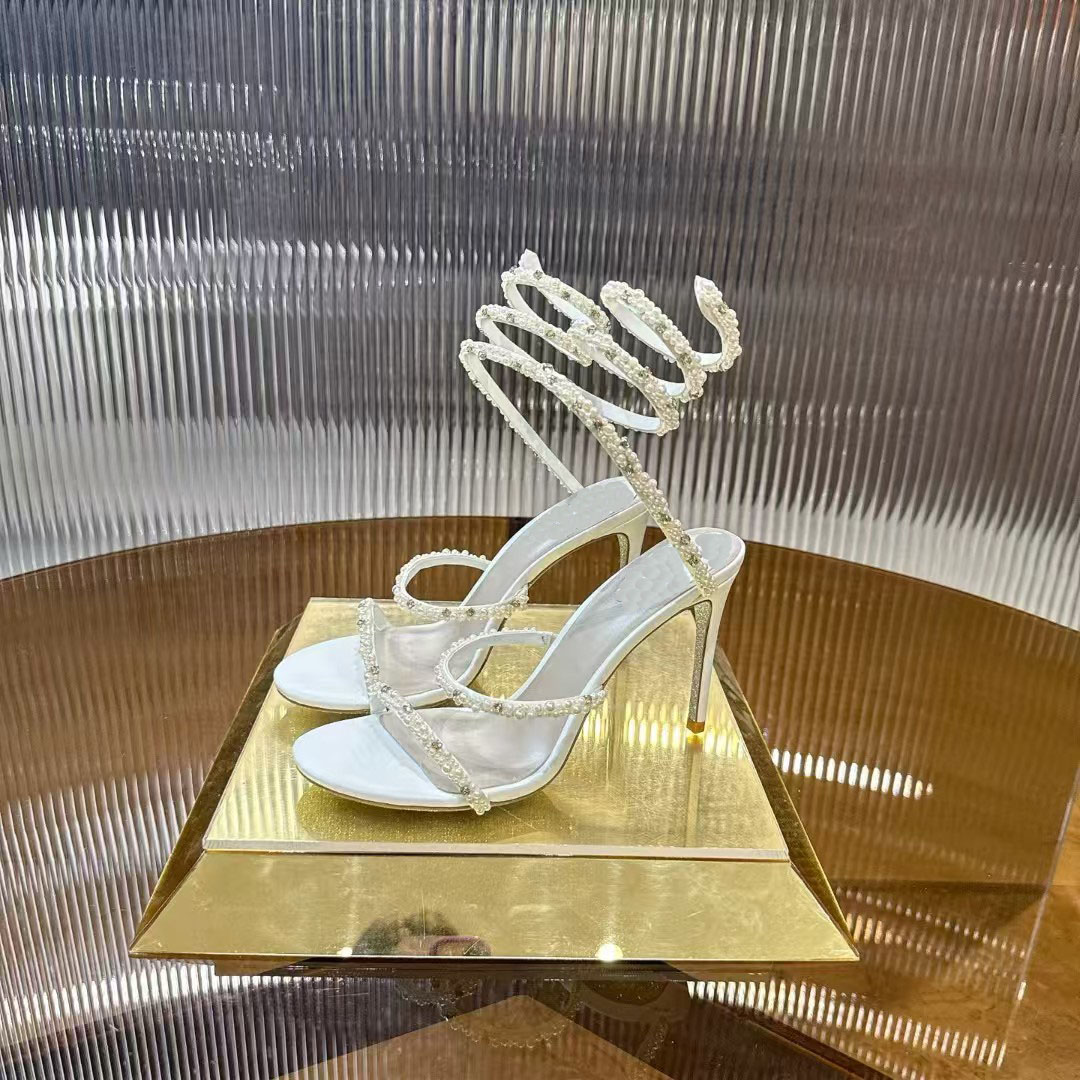 10A Sandales de luxe de qualité miroir pour femme, talons aiguilles avec accents de perles, style gladiateur, chaussures à enfiler ultra hautes e
