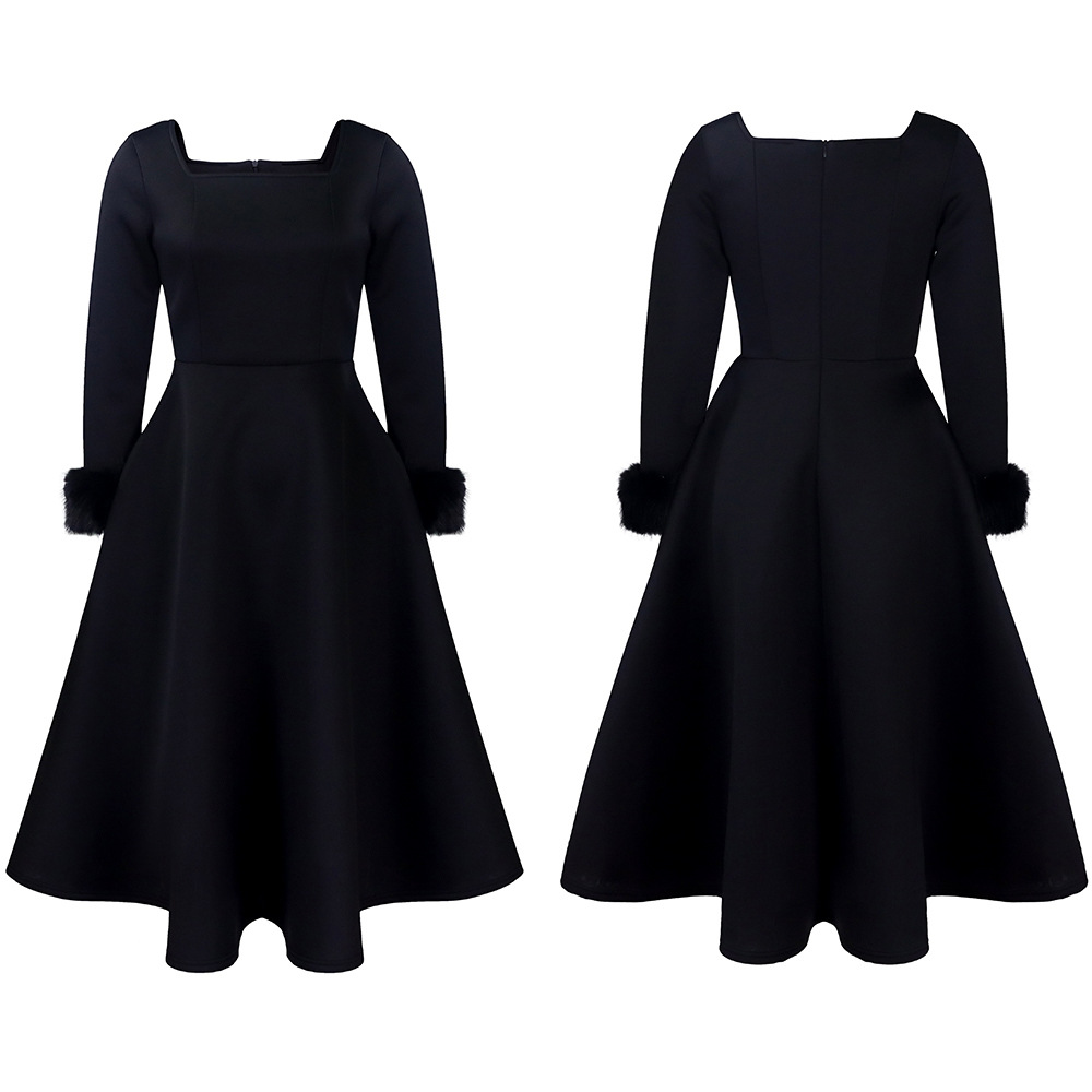 (494) Robe d'hiver élégante à jupe longue avec décoration en fourrure